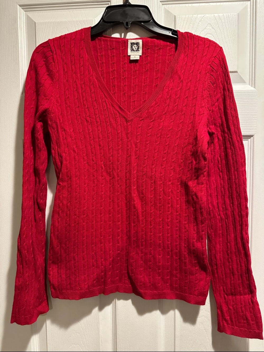 Anne Klein Red Cable-Knit V-Neck Sweater